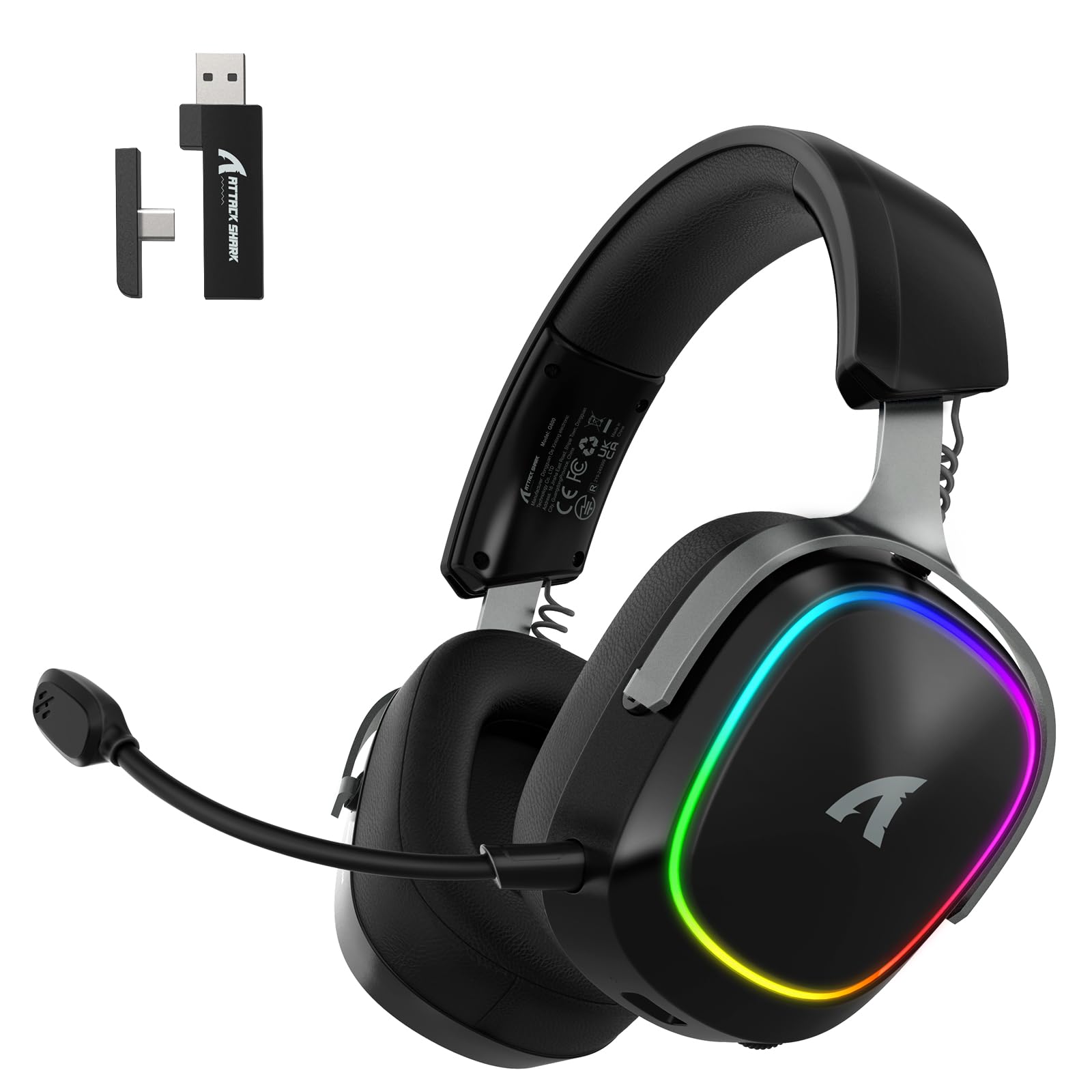 ATTACK SHARK G800 Cuffie Gaming Wireless, Batteria 1000 mAh, Microfono Rimovibile, Telaio in Alluminio, Audio Surround 3D, Latenza 20 ms, Driver 50 mm, 3 Modalità 2.4G/Bluetooth/Cablata