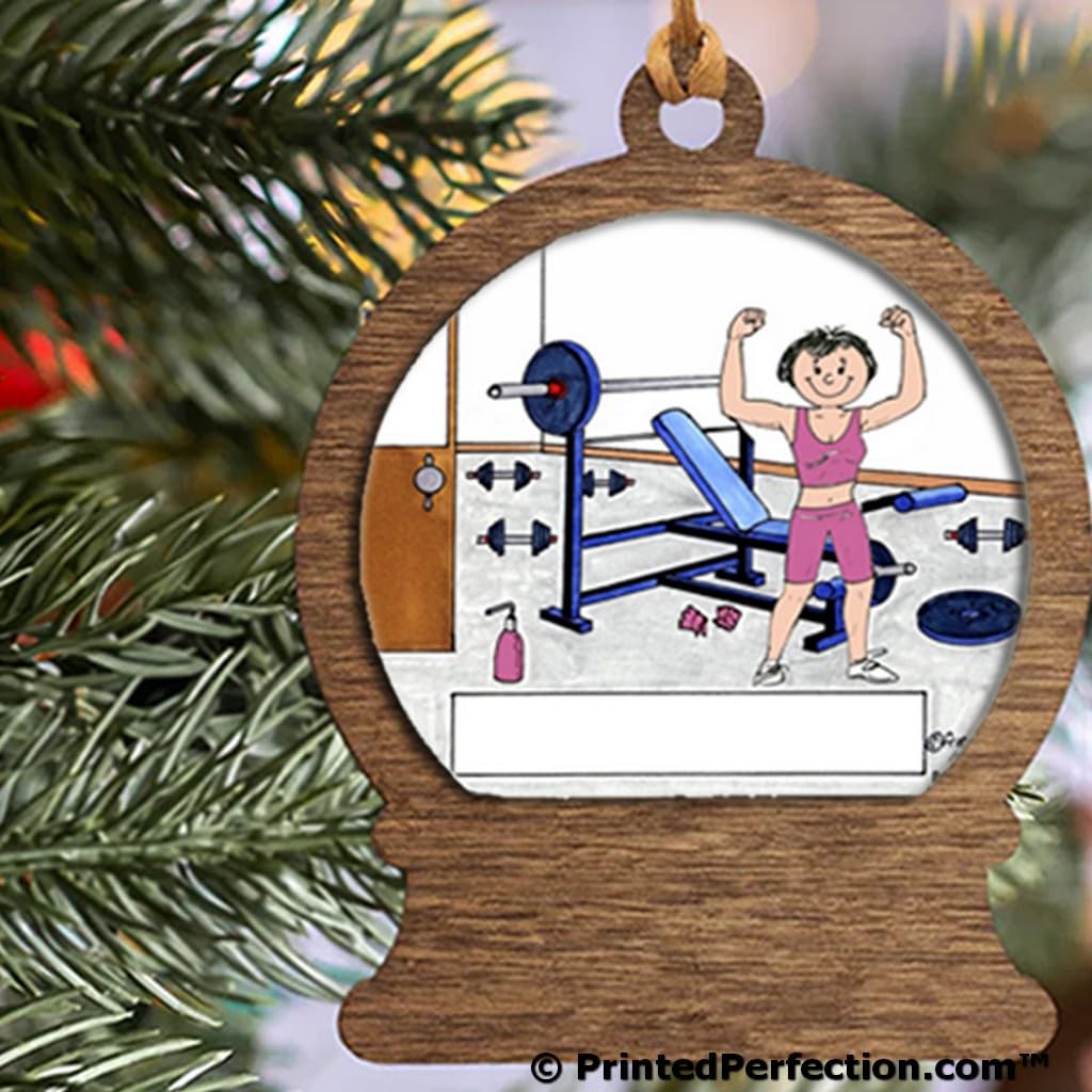 PrintedPerfection.com Personalized Weightlifter - Female Wooden Snow Globe Shaped Christmas Ornament