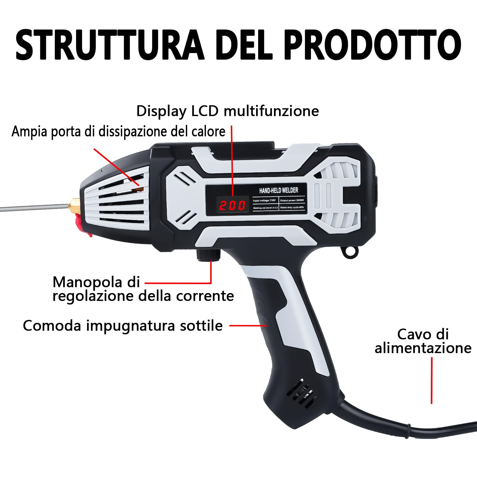 Saldatrice portatile per elettrodi a mano, saldatrice ad arco, 220V/3000W, saldatrice portatile Arc con inverter IGBT, corrente di uscita 20–200A