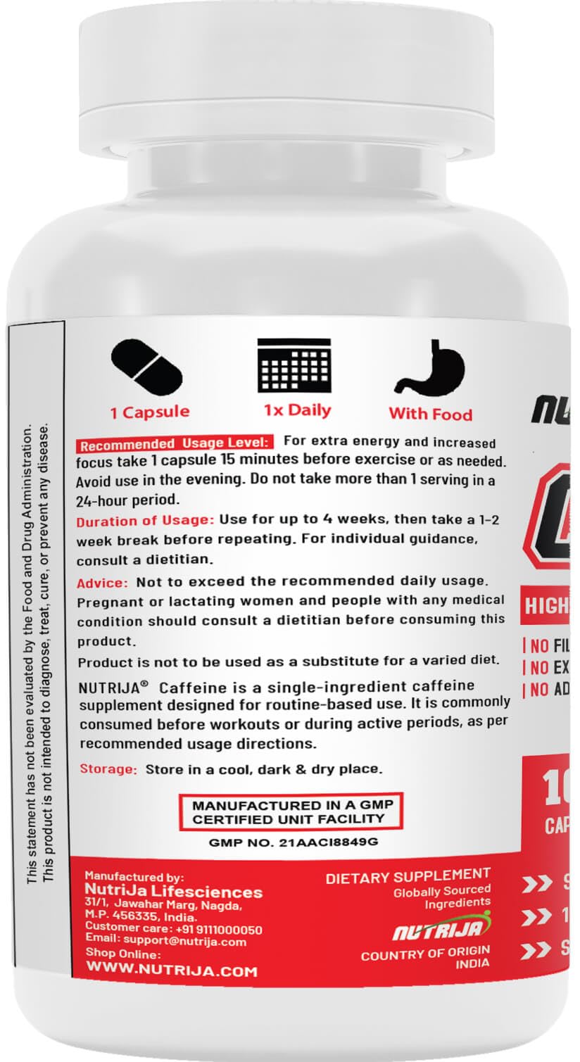 NutriJa Caffeine 200mg 100 Capsules | Caffeine Capsules for Pre-Workout and Daily Use | Sugar-Free, No Added Calories 1