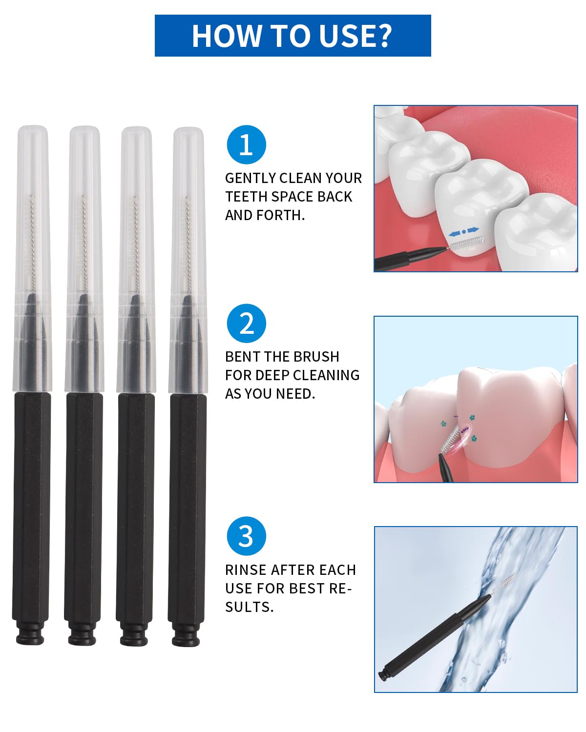 Cepillos interdentales, 80 piezas de cepillos entre dientes, palillos de dientes para aparatos ortopédicos, cabezal de hilo dental para herramientas de limpieza bucal de dientes, color negro