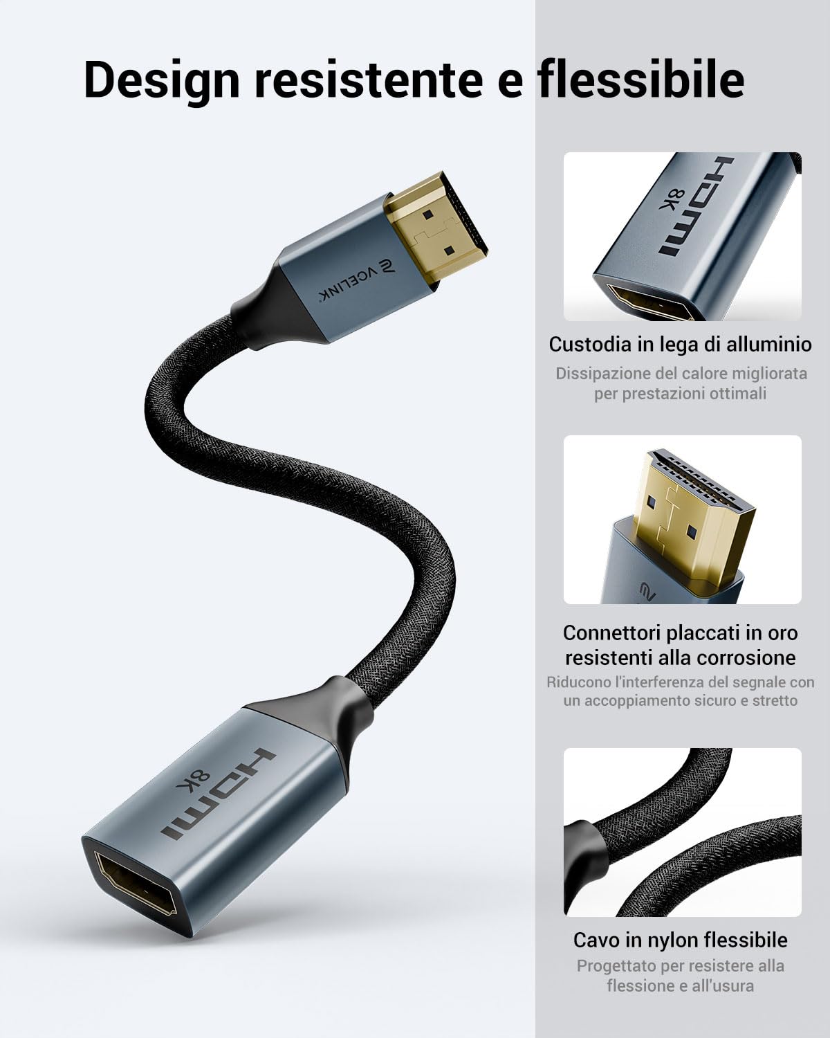 VCELINK Prolunga HDMI 2.1 Maschio-Femmina, 18 cm, Supporto 8K@60Hz / 4K@120Hz, Compatibile con TV Stick, Console e Laptop, 1 Pezzo