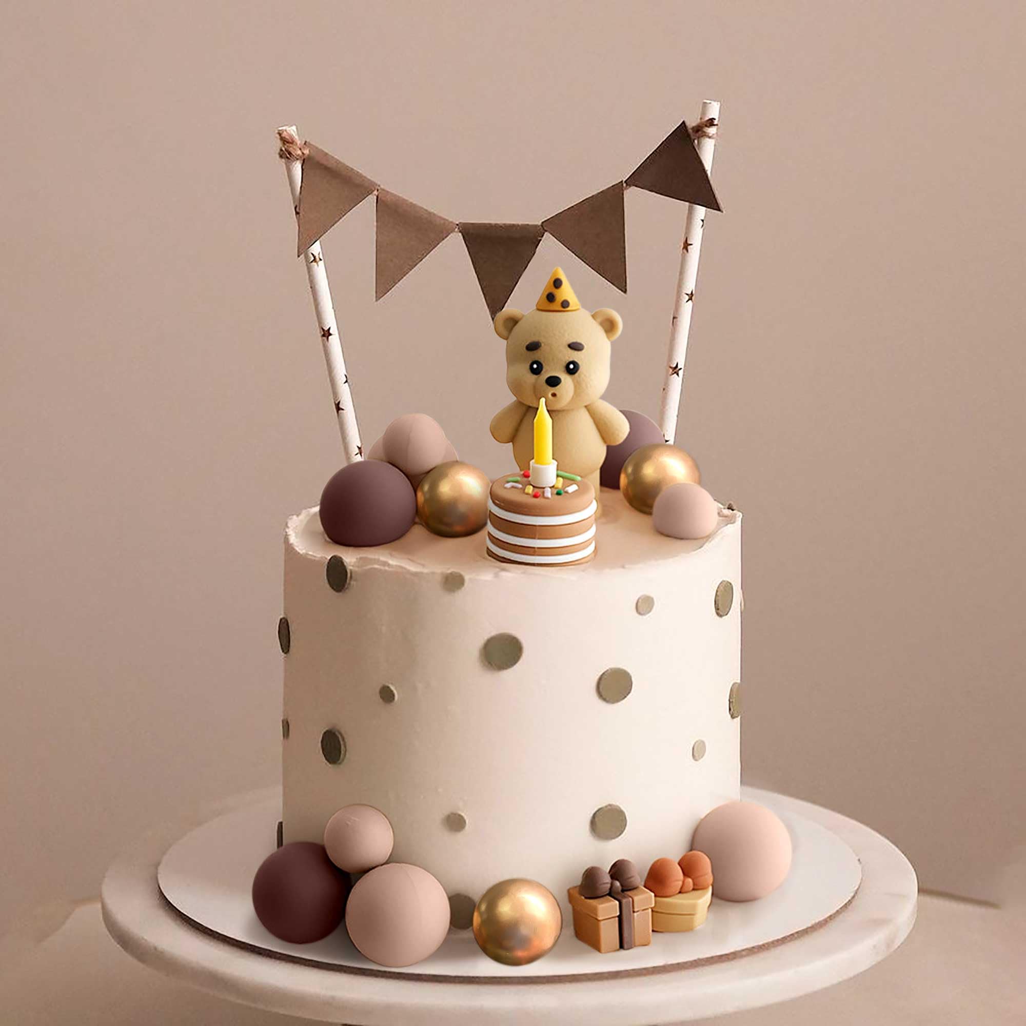 Roaring Good Time Pluszowy miś dekoracja tortu, chrzest, chłopiec, dekoracja tortu dla dziewczynki w wieku 1 roku, brązowy tort, dekoracja na wesele, baby shower, urodziny (nie zawiera świec) | Pluszowy miś, dekoracja na tort chrzcinowy dla dziewczynki, 1