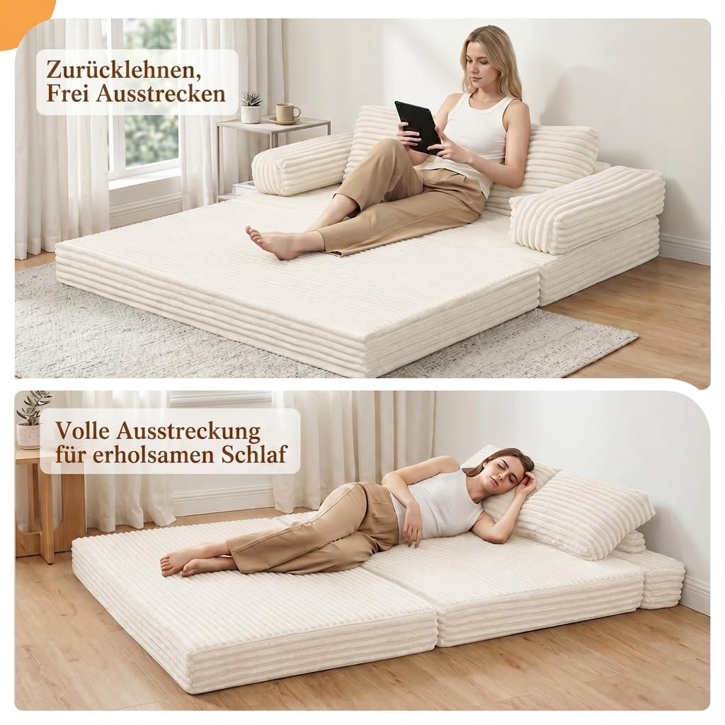 MeMoreCool Schlafsofa Cord, Klappbares Bequemes Bodensofa mit schlaffunktion, Boneless Couch mit Kissen für Schlafzimmer, Wohnzimmer und kleine Räume, 3-in-1 Compressed Sofa Bed, Beige