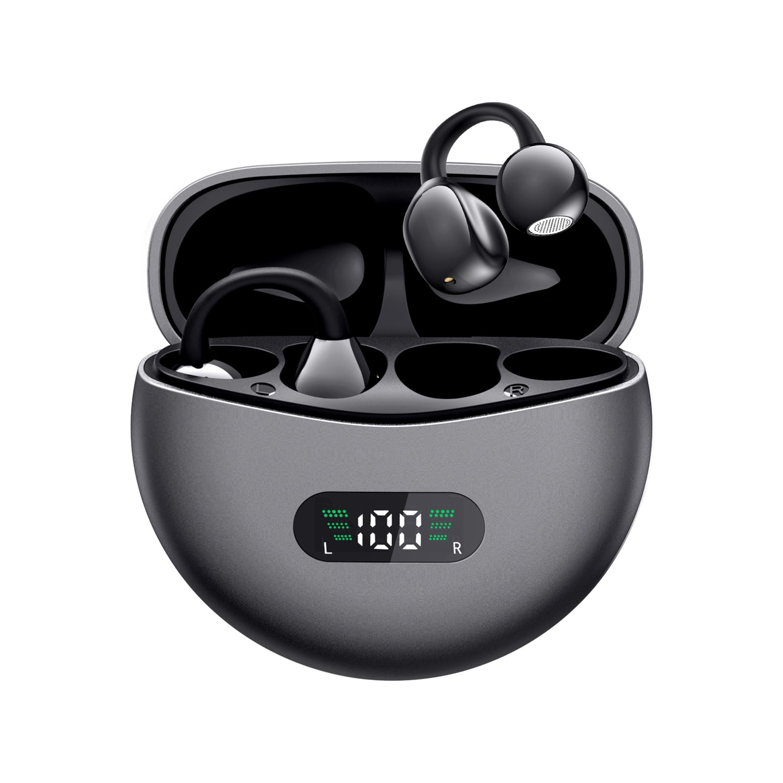 Clip on Bluetooth Earphones Open-Ear Wireless Earbuds, Air Conduction Headphones, Ultra-Comfort, Power Display, Lightweight, Clear Calls, IPX5 Waterproof, with Mic for Phone Sports Workout, Grey