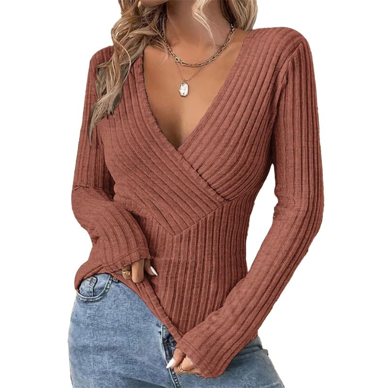 Womens Deep V Neck Sexy Wrap Sweater Long Sleeve Slim-Fitted Knitted Jumper Top