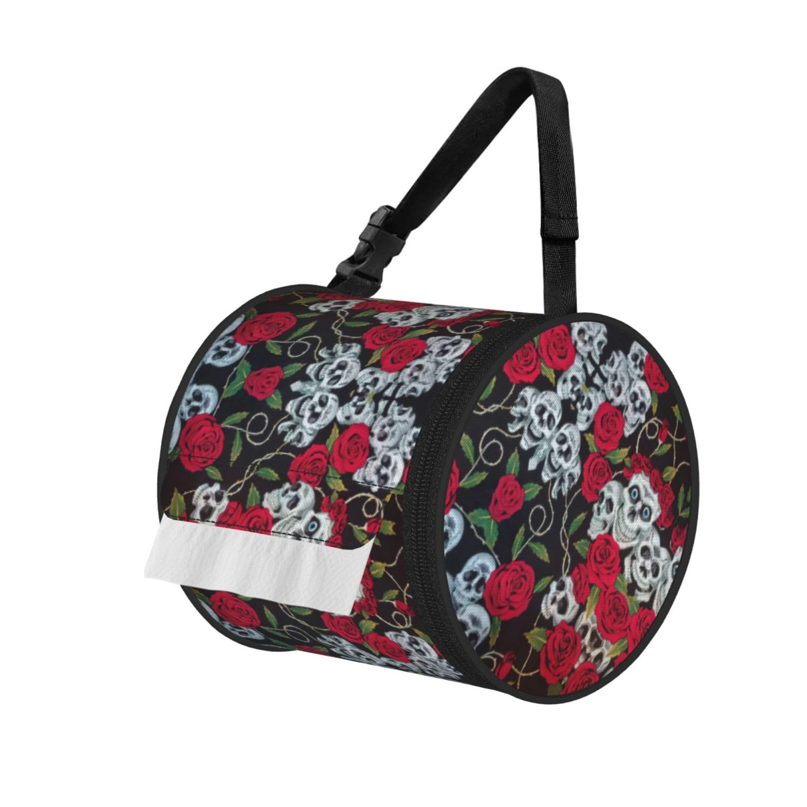 Rose Skull Eyes Print Round Tissue Dispenser Bag With Carry Strap, Portable Roll Holder For Car Travel Home