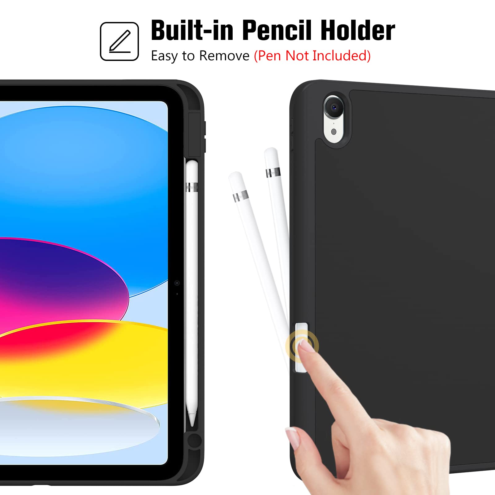 ProCase Cover iPad A16 11 Generazione 11 Pollici 2025 /iPad 10 Generazione 10,9 Pollici 2022 con Portapenna, Custodia iPad (A3354 A3355 A3356 A2696 A2757 A2777) Auto Svegliati/Sonno -Nero
