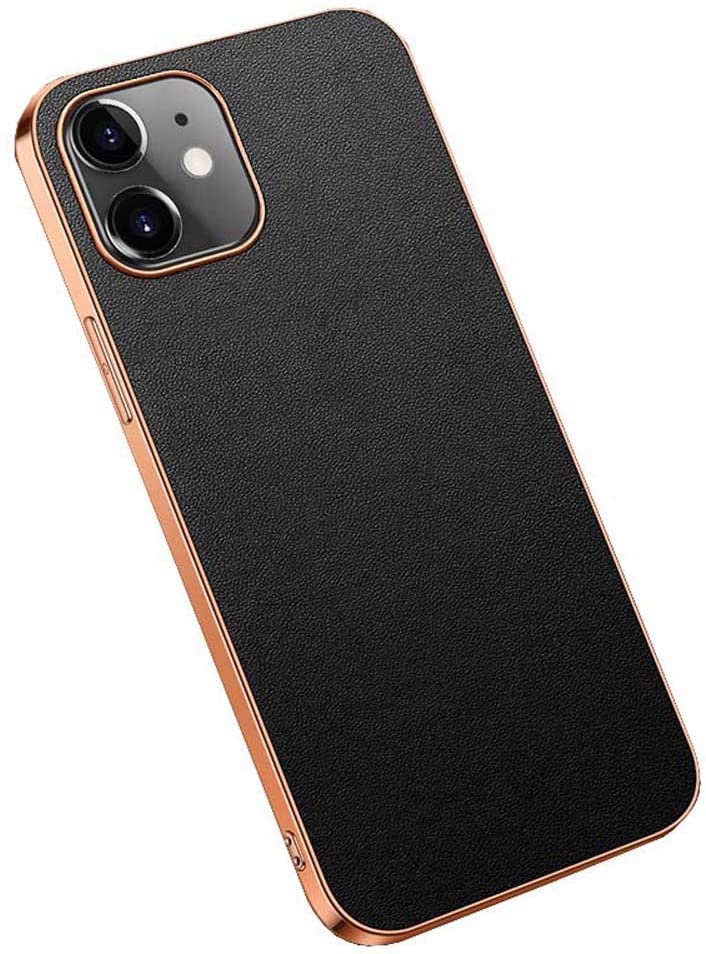 Coque iPhone 12 Mini GUMMMY en cuir véritable noir et bordure dorée chic