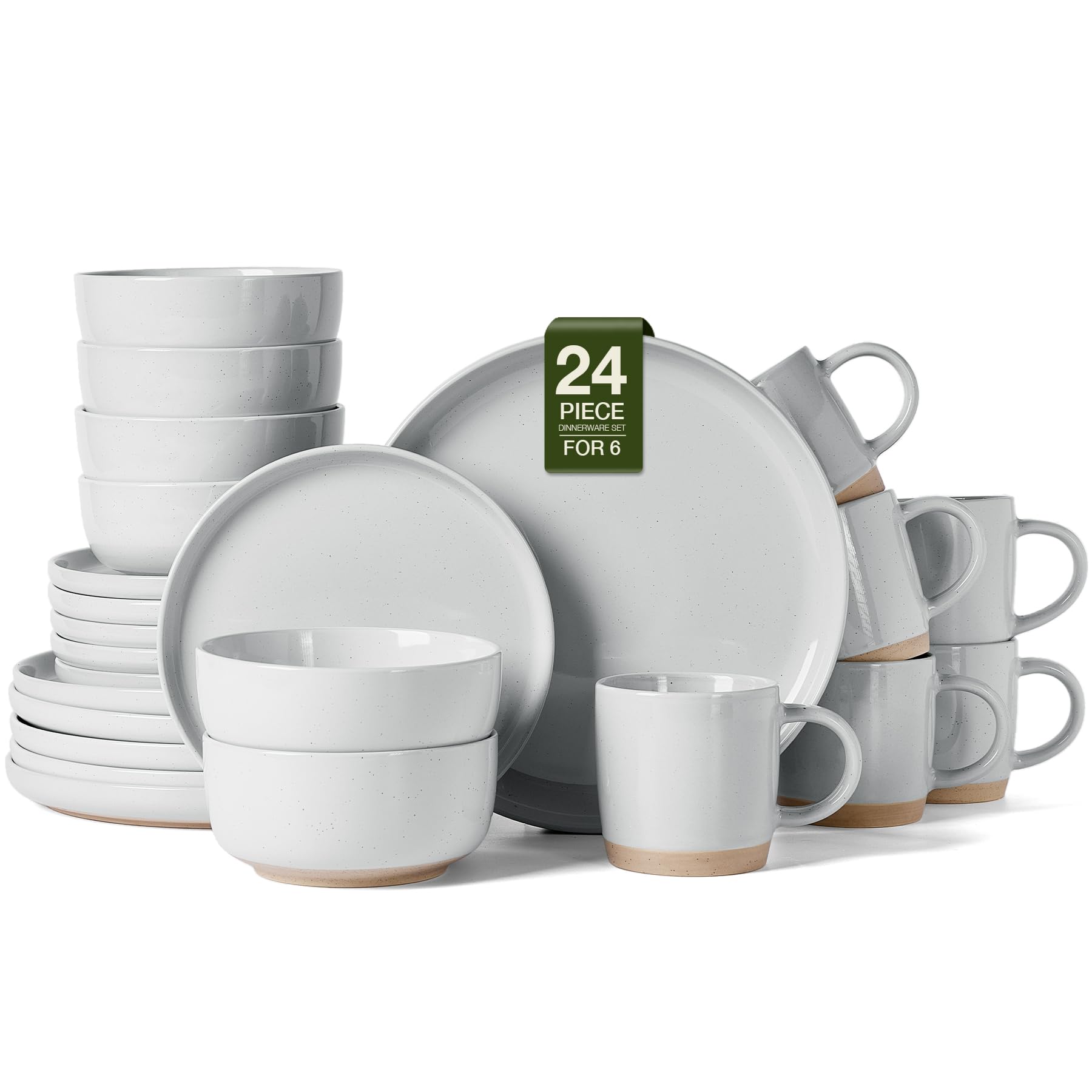 Famiware Milkyway Stoneware Dinnerware Sets with Mugs, Service for 6 (24 Pieces), Plates and Bowls Sets -Scratch Resistant, Microwave and Dishwasher Safe Dishes Set, Light Gray