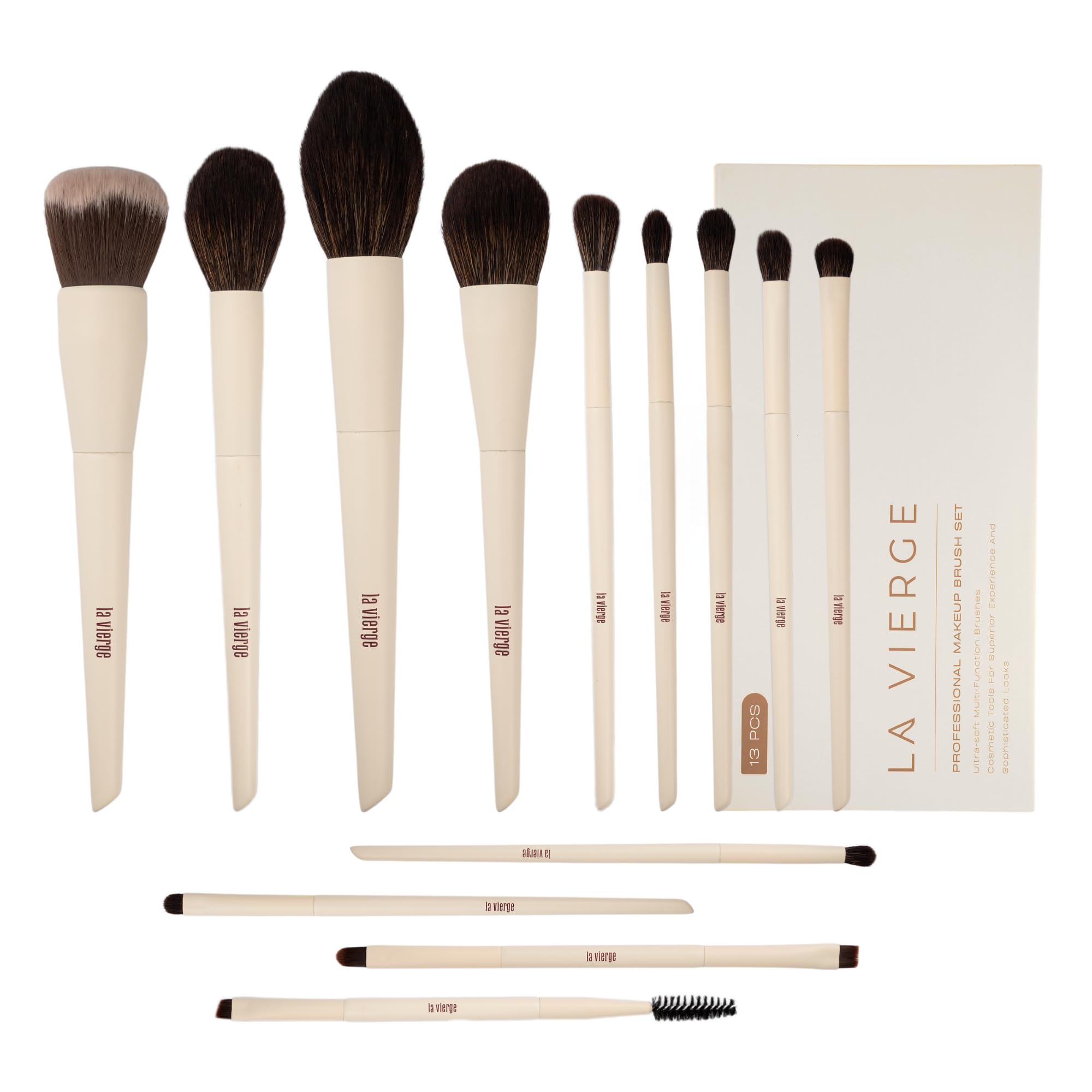 La Vierge 13Pcs Vegan Professional Makeup Brush Set For Face & Eye Cosmetic Brushes For Powder Blending Foundation Eyeshadow Contour Soft Dense Synthetic Bristles Birch Wood Handle Gift Box | Creamy