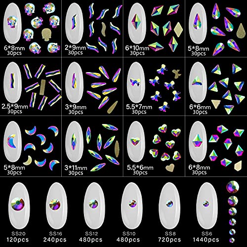 Rhinestones for Nails Kit, 3864pcs AB Rhinestones Round Nail Crystals and Glass Rhinestones Flat Back and Nail Diamonds Gems for Acrylic Nail Art