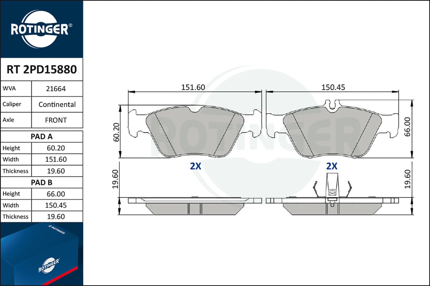 Pastiglie dei freni ROTINGER (Anteriore) RT 2PD15880, ECE R90, Set da 4 pezzi
