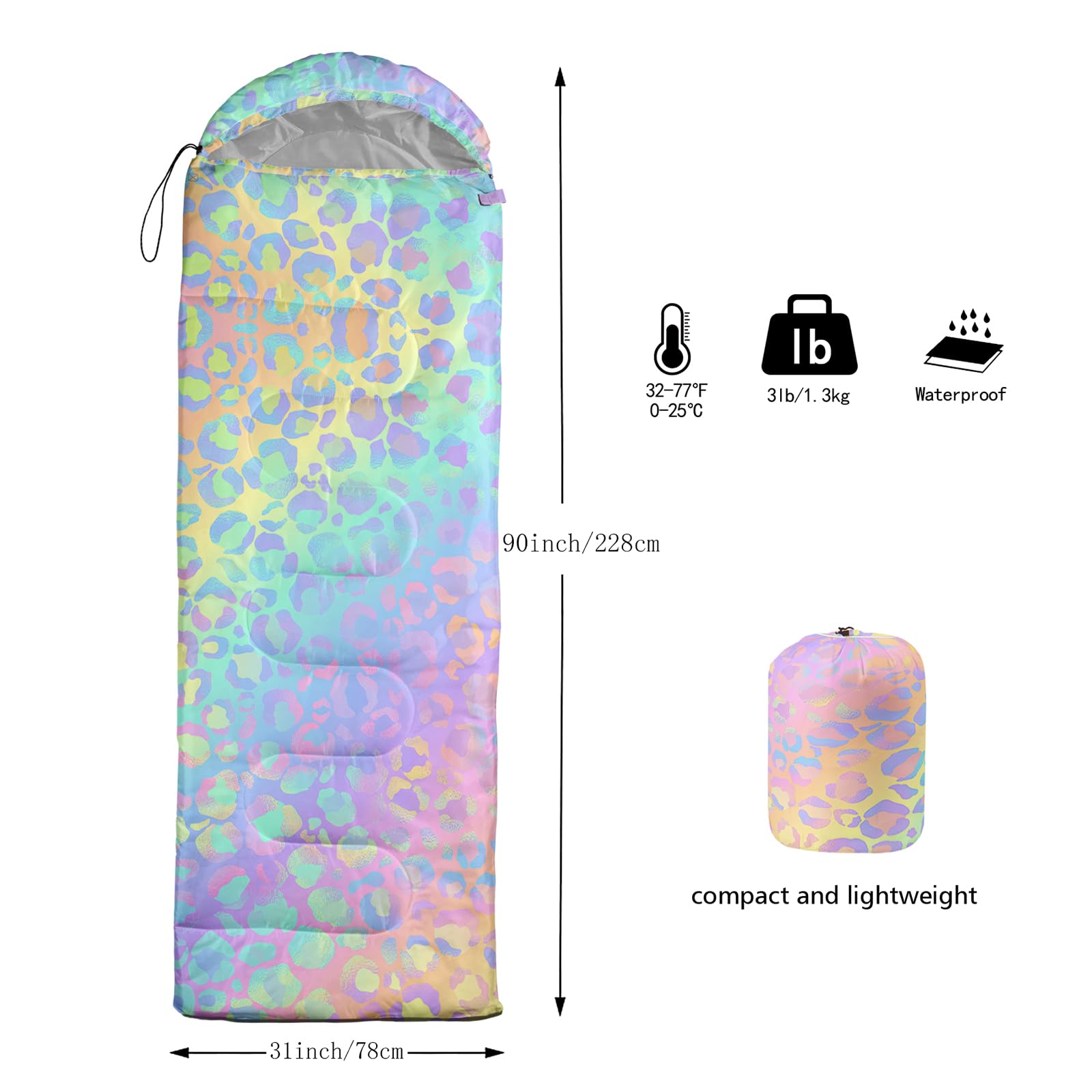 AILONEN Sleeping Bag for Adults Kids Girls Rainbow Leopard Sleep Bag 3 Seasons Outdoor Camping Hiking Travel Lightweight & Waterproof Slumber Bag with Compact Carrying Bag