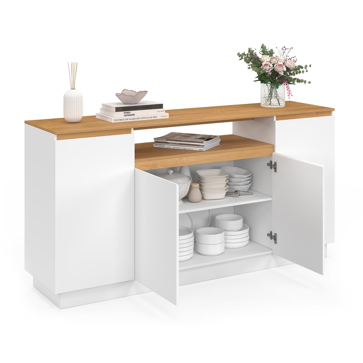 IDMarket - Buffet 160 cm Serena Blanc et Plateau Effet Bois