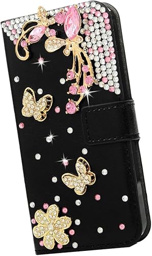 Miniatura 3 de Funda de cristal tipo cartera para teléfono compatible con iPhone 11 Pro Max - Mariposa - Negro - Funda de piel brillante hecha a mano con purpurina