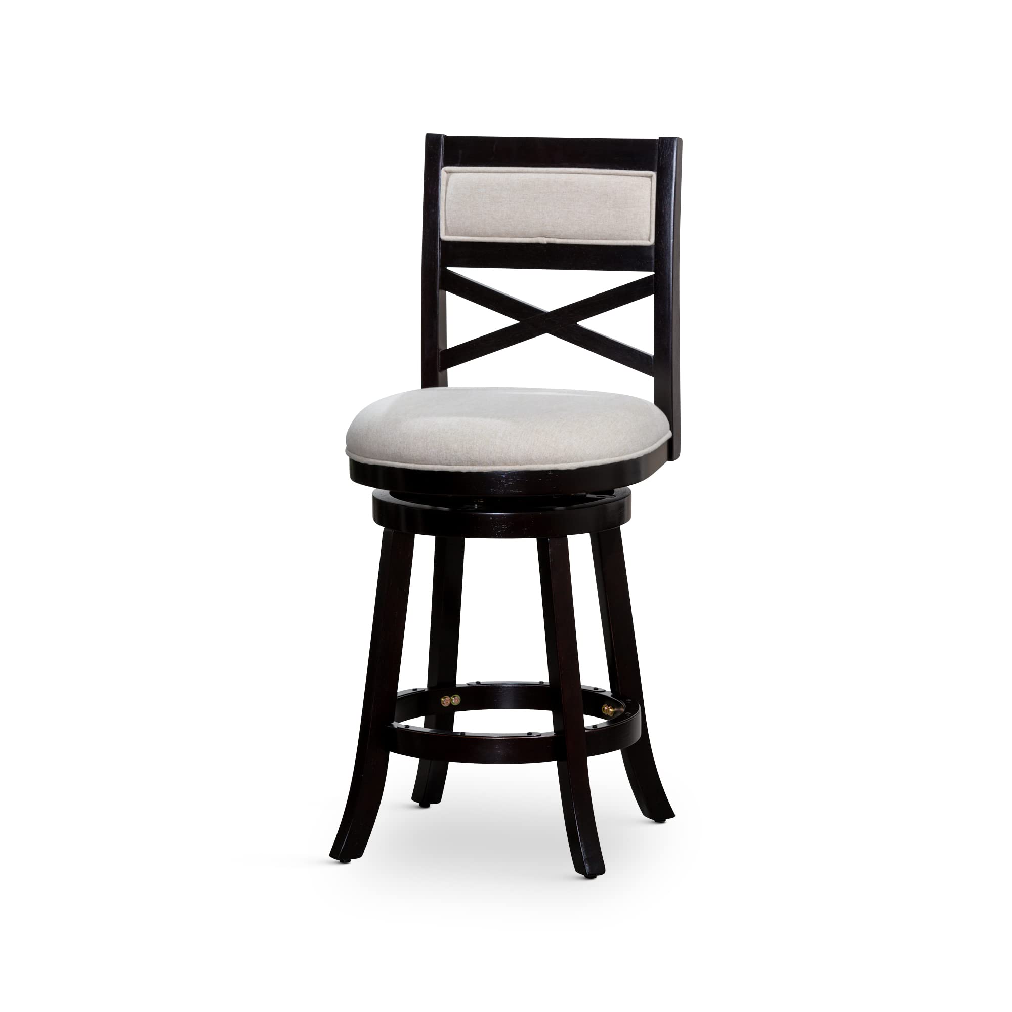DTY Indoor Living Meeker X Back Fabric Swivel Stool, 30” Bar Height, Espresso Finish, Beige Fabric Seat