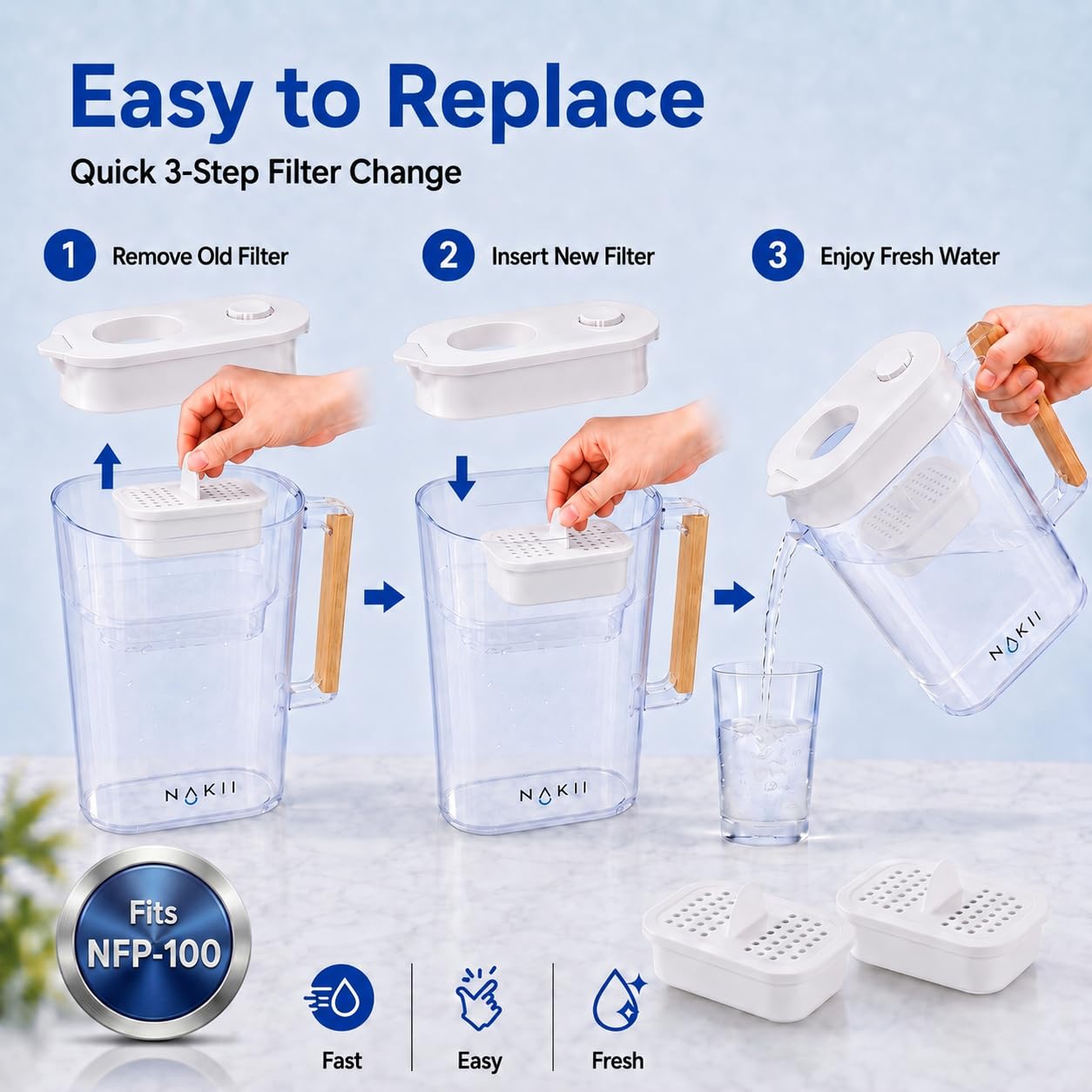 Nakii - Filtro de repuesto para jarra de agua NFP-100, 3 unidades