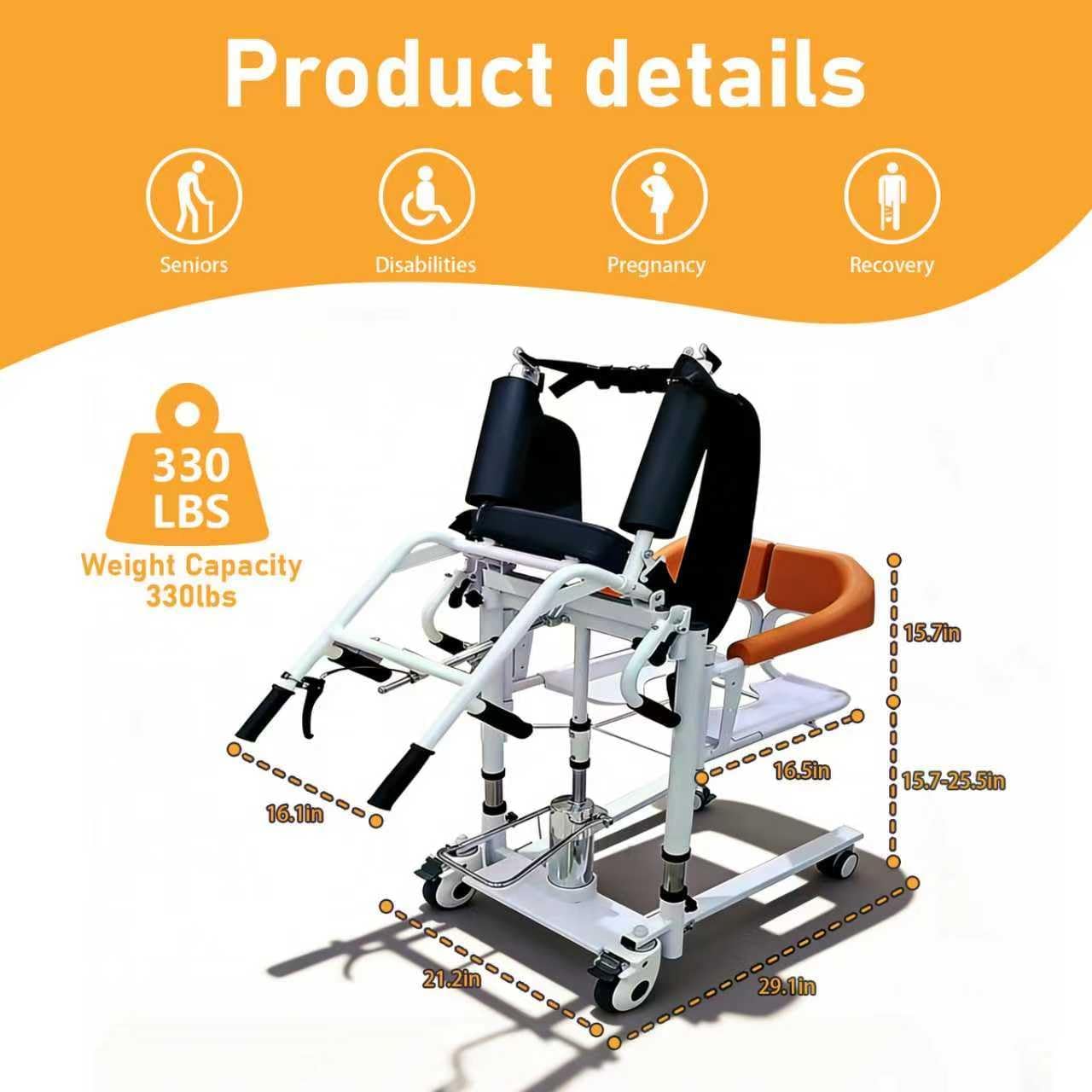 Patient Lift Transfer Chair for Home, Hydraulic Patient Lift Chair with Adjustable Height & 180° Open Design - Home Care Mobility Transfer Chair for Elderly Adults, 330 lb Capacity