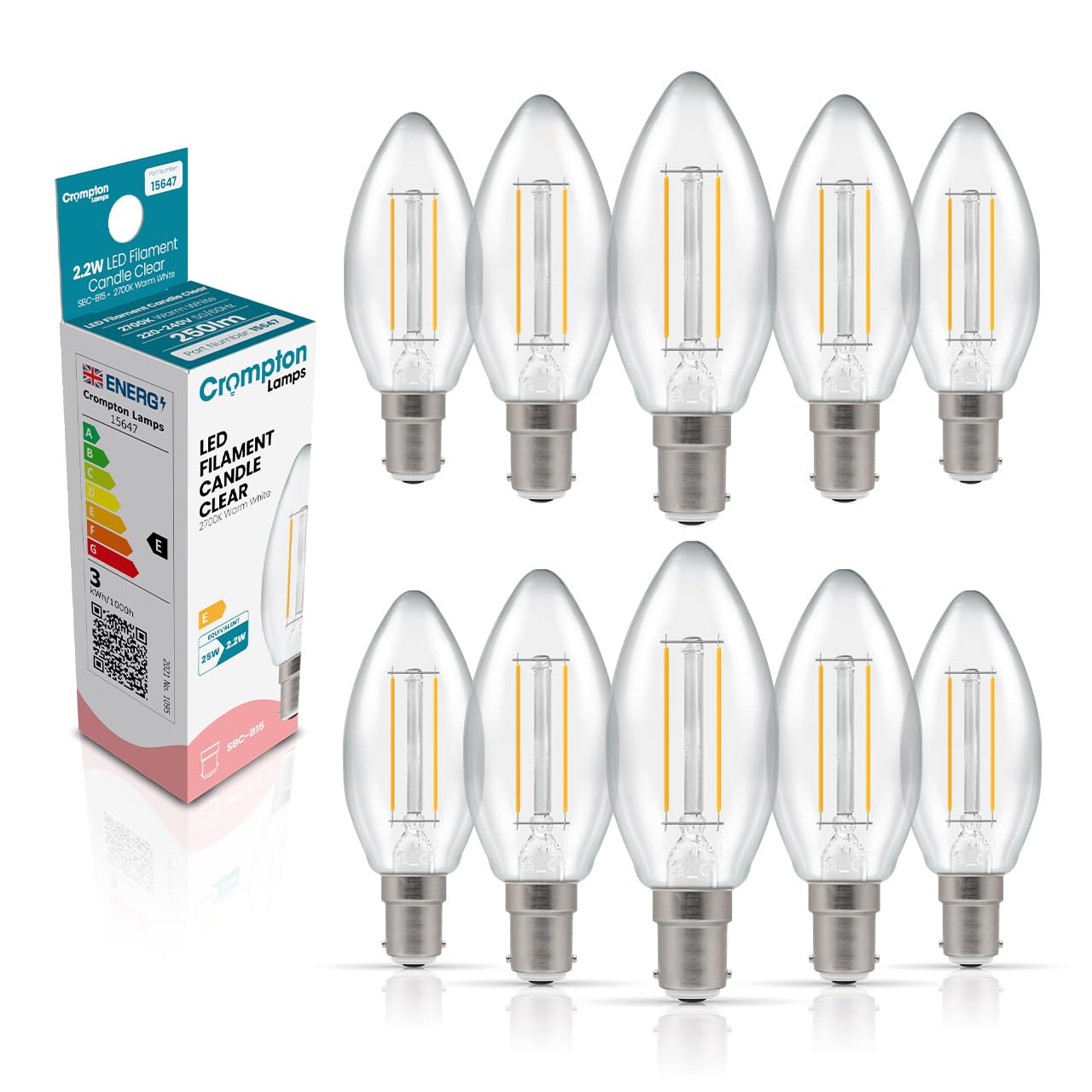 Crompton Lamps Filament Candle LED Light Bulb SBC-B15d | 2.2W = 25W Equivalent | Warm White 2700K | Energy Efficient | Small Bayonet Lightbulb | Long Life 15000-Hrs | Clear Glass | 10-Pack
