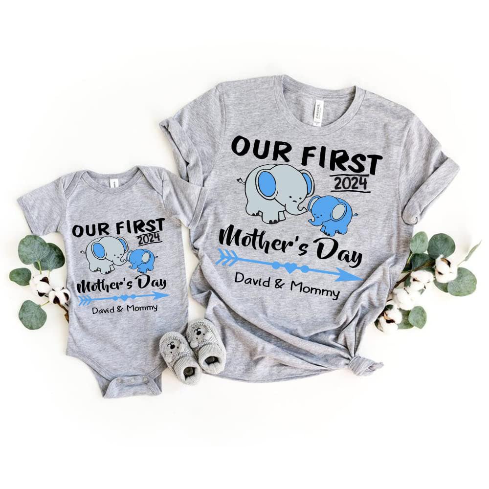 Miacanvas Grizzly Bear Silhouettes 1st Mother's Day Personalized Gift Mom Baby Onesie Set,Heather Grey,BABYMOMSET-GREY-THN-022120-04-S,Small