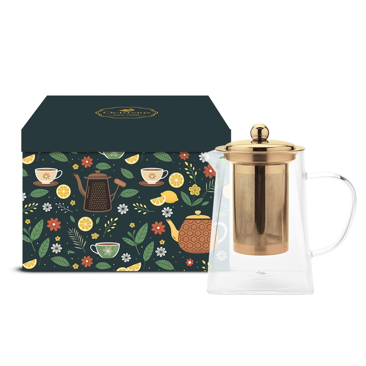 Octavius Pyramid Glass Tea Pot with Gold-Plated Infuser – 720ml | Borosilicate, Heat Resistant | Removable Lid & Infuser | Green & Loose Leaf Tea Maker | for 4 Cups | New Premium Gift Box.