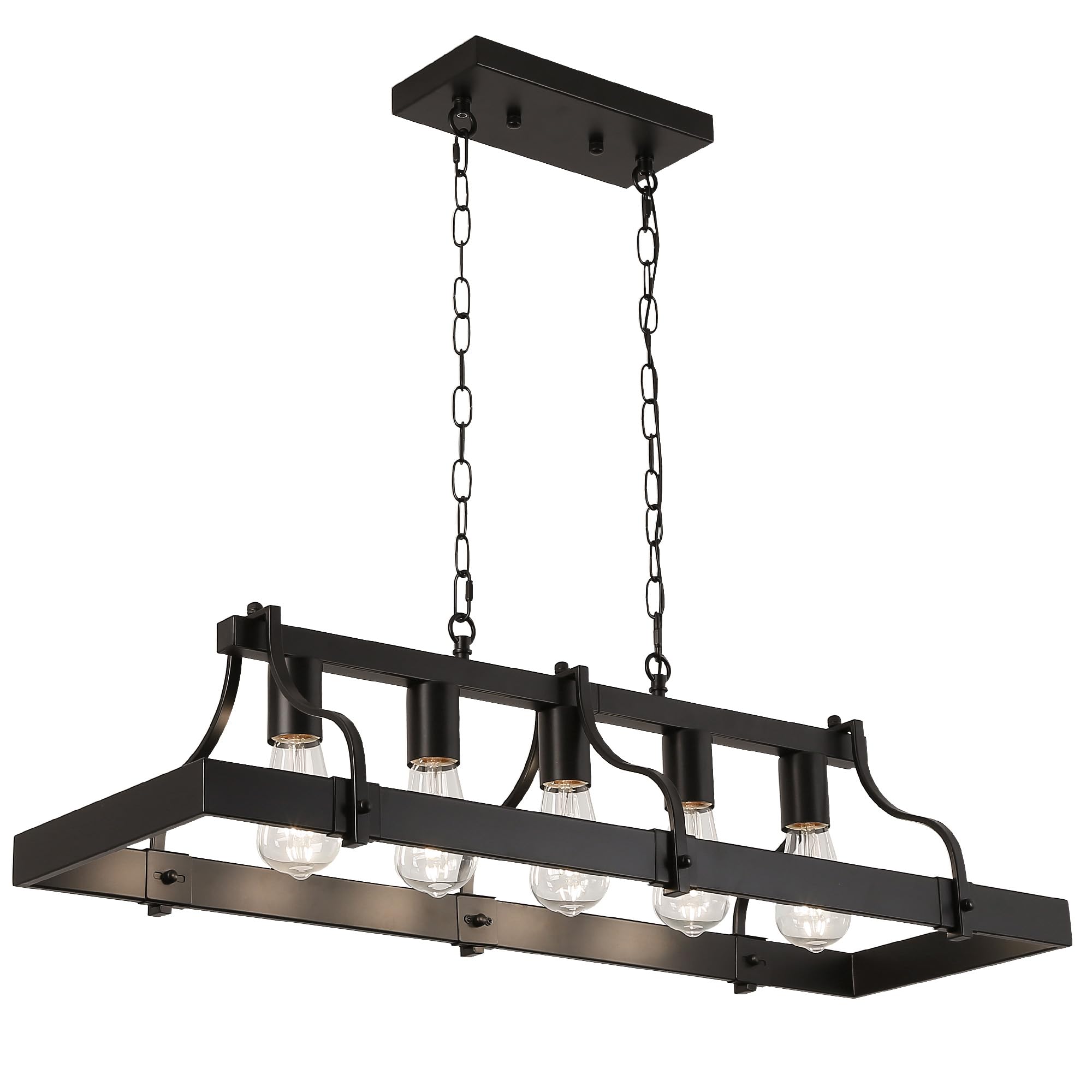 HvKvHvY 5-Light Metal Black Chandelier Kitchen Ceiling Lights E27 Base Island Lights Wood Linear Pendant Light for Rural Farmhouse Kitchen Island, Black