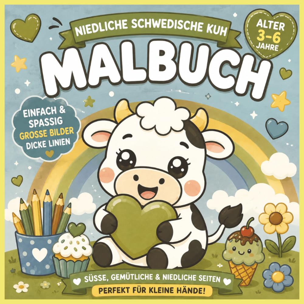 Niedliche Schwedische Kuh Malbuch für Kinder 3-6 Jahre: Einfache und süße Ausmalbilder mit großen Formen und dicken Linien für kleine Künstler