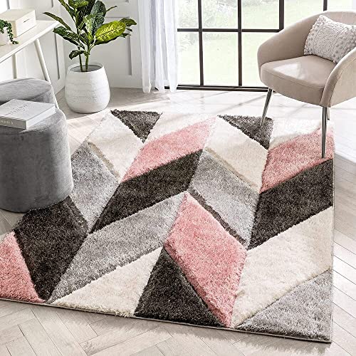 Image of F & B RUGS ; SUPERIOR QUALITY PRODUCTS Handwoven Super Soft Indoor Modern Shag Microfiber USA Exported Carpet with 2. inchInch Thickness Silky Fluffy Smooth 7x7 feet Pink Grey