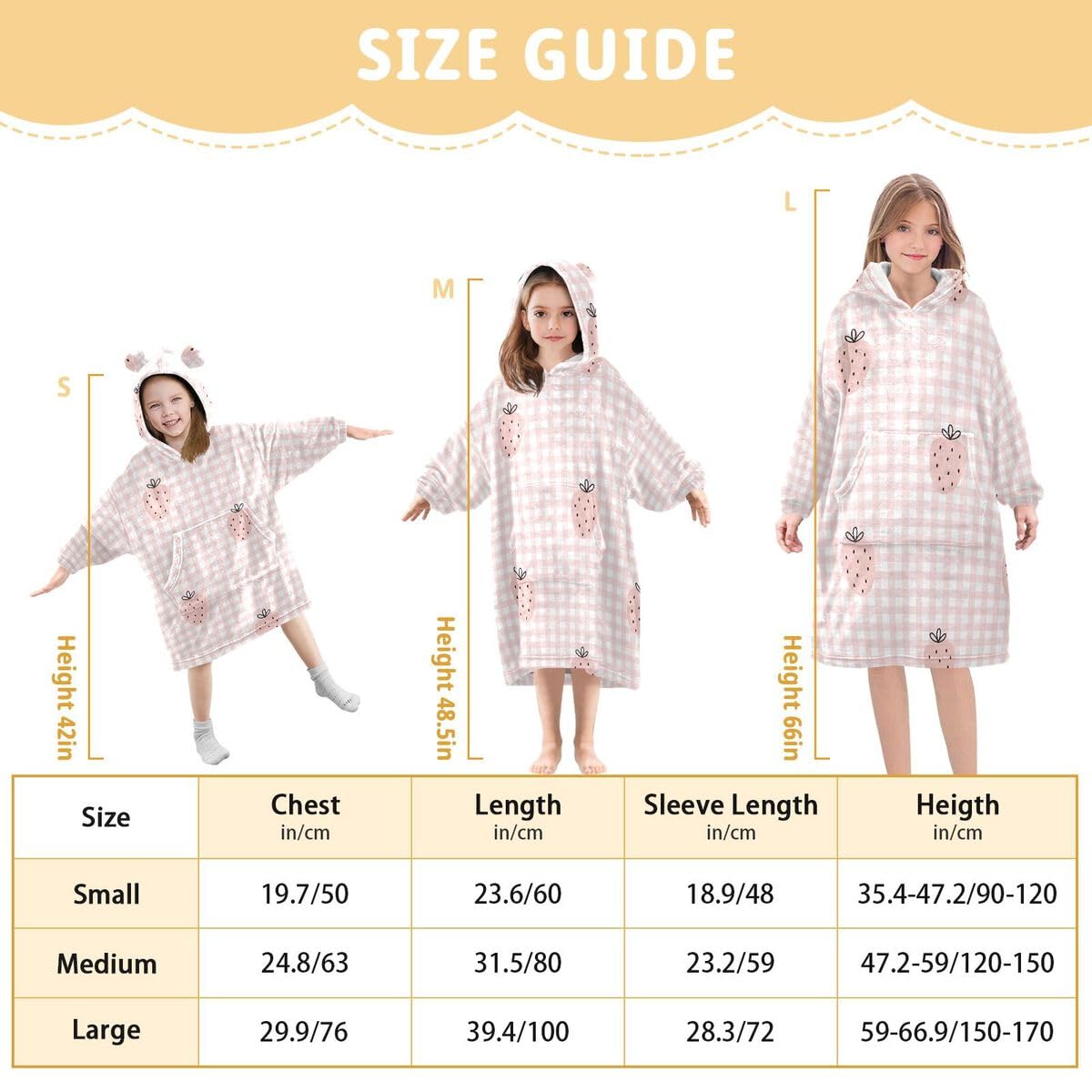 Różowa truskawka dziecięcy koc do noszenia bluza z kapturem oversize bluza koc sweter w kratę dla chłopców i dziewcząt w wieku 3-14 lat
