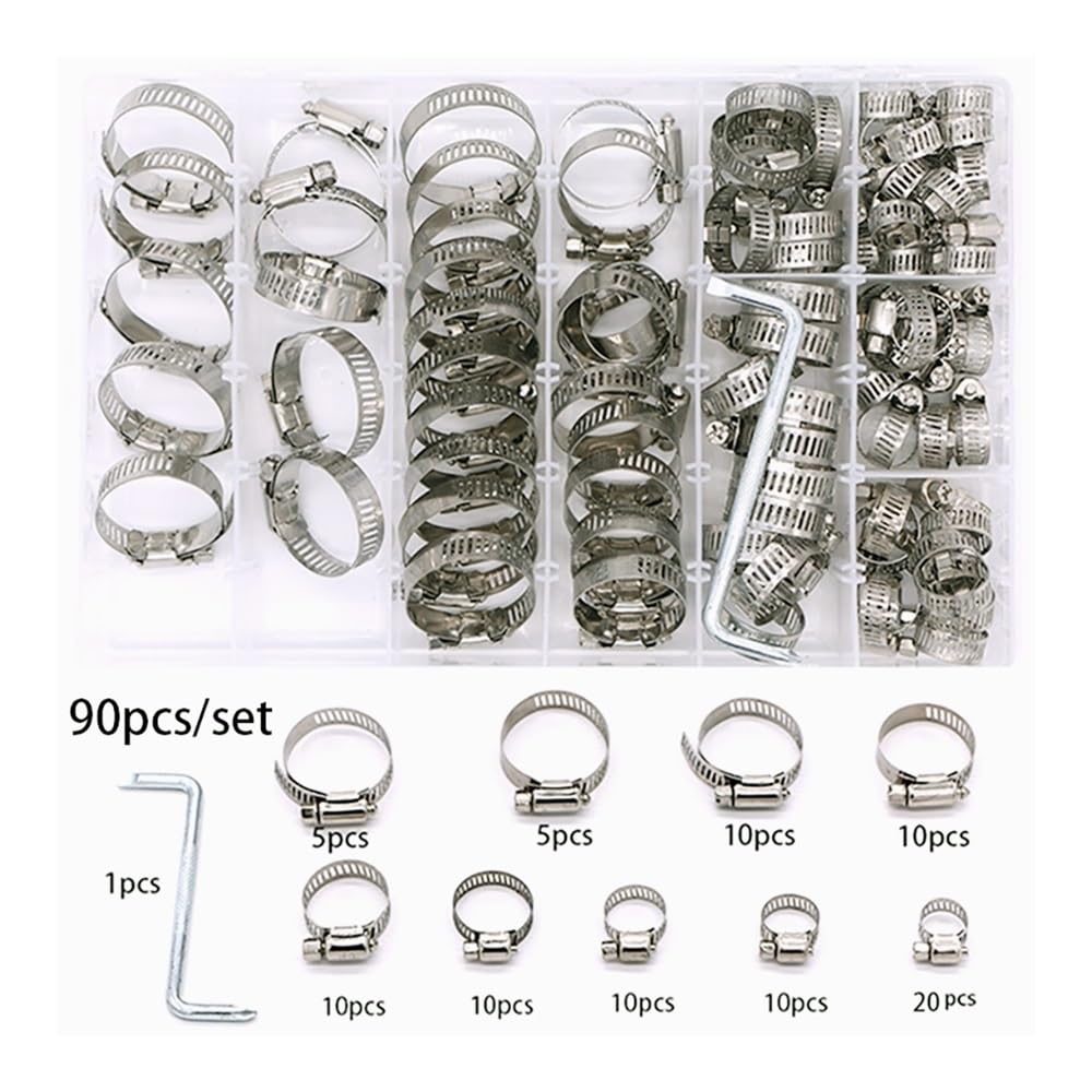 Schlauchschellen, Edelstahl, 6–44 mm, verstellbare Schneckengetriebe, Rohrschellen, Kraftstoffleitungsschellen, strapazierfähig für Sanitär, Automobil, 90 Stück