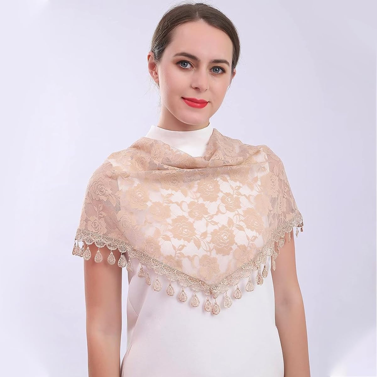 PALAY Lace Mantilla Triangle Veil for Church, Tassel Scarf, Brown 3