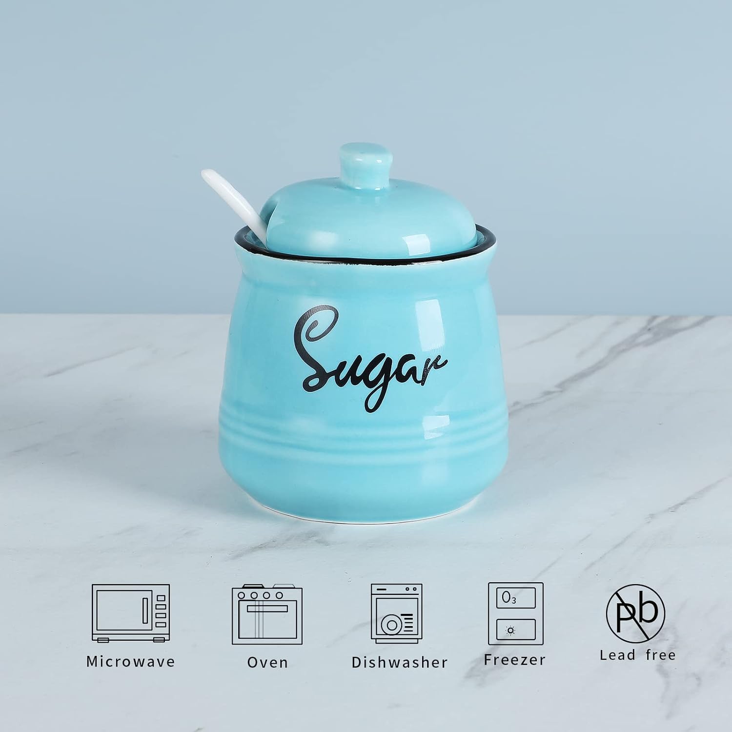 Farmhouse Porcelain Sugar Bowl with Lid and Spoon 12oz,Easy to Clean (Turquoise)