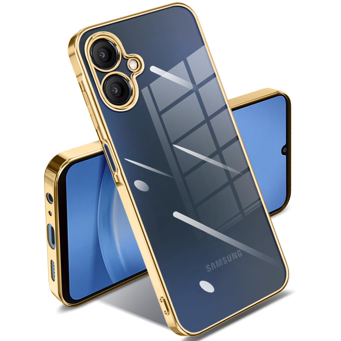 Samsung Galaxy A25 5G ケース クリア SC-53F SCG33 耐衝撃 ギャラクシーA25 カバー 透明 メッキ加工 完全な保護 落下防止 黄変防止 ファッション 薄型 軽量 TPU 柔らかい ワイヤレス充電 人気 保護カバー (ゴールド)