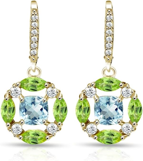 Sterling Silver Blue Topaz, Peridot and White Topaz Circle Dangle Leverback Earrings