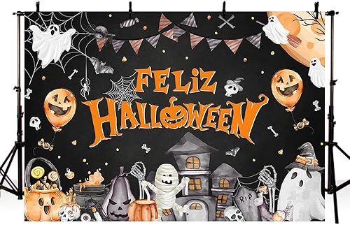 Miniatura 4 de Telón de fondo de Halloween de 7 x 5 pies, decoración de fiesta de cumpleaños negro y naranja, suministros de decoración de Halloween, globo de