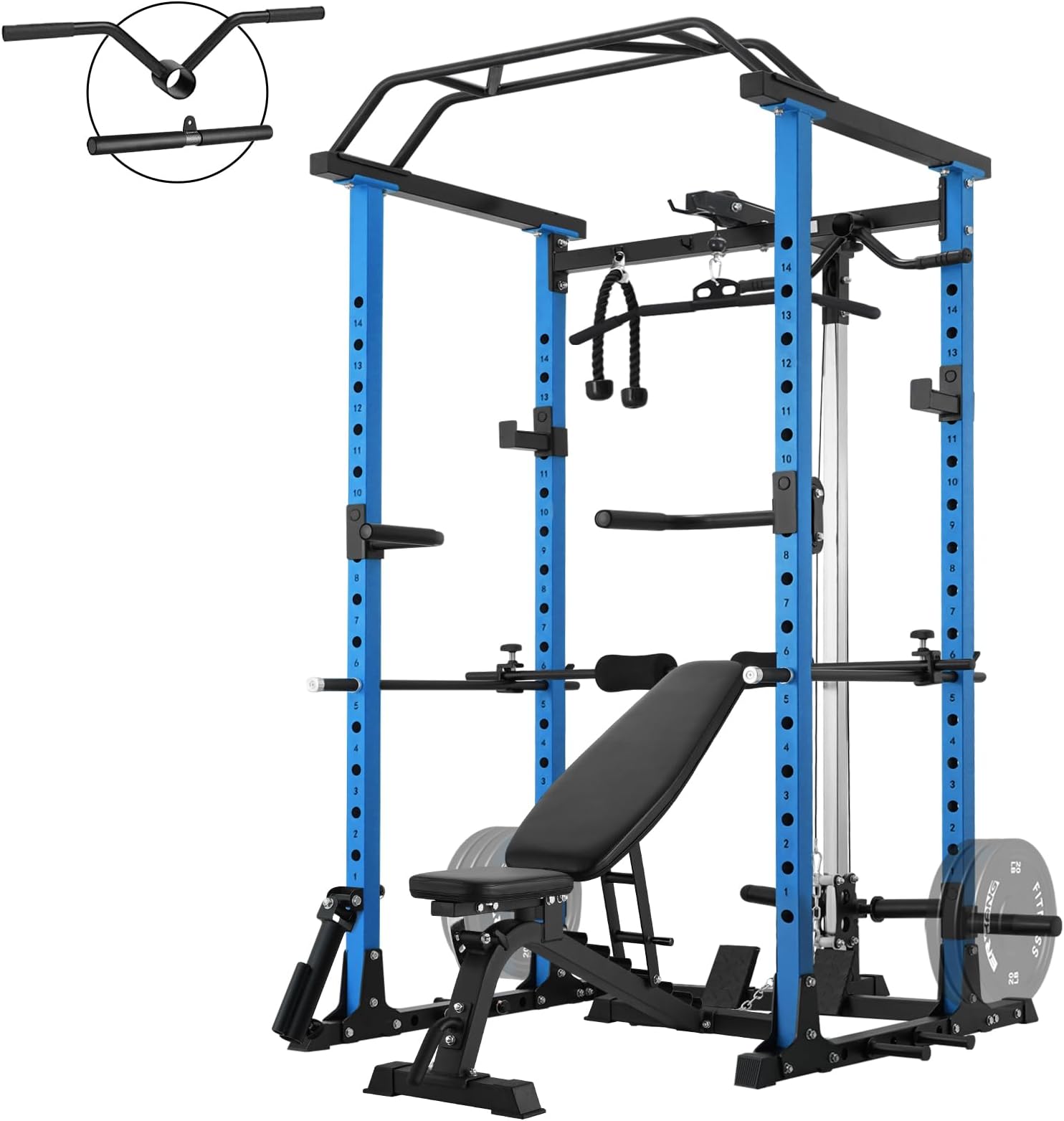 ER KANGPower Cage with Weight Bench, 1200LBS Power Rack with LAT Pulldown, Multi-Function Squat Cage, Weight Cage with Pulley System Squat Rack for Home Gym with Training Attachment