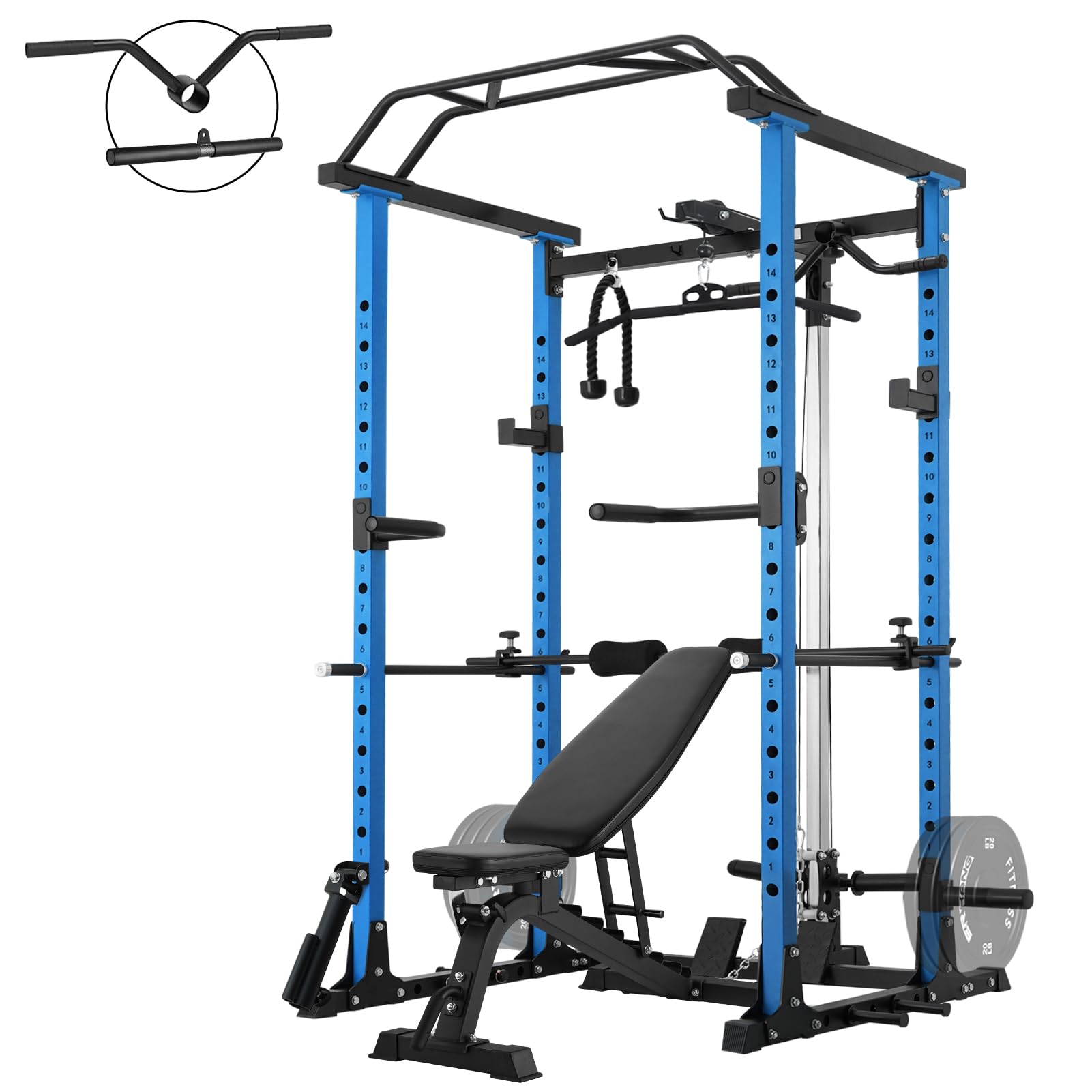 ER KANGPower Cage with Weight Bench, 1200LBS Power Rack with LAT Pulldown, Multi-Function Squat Cage, Weight Cage with Pulley System Squat Rack for Home Gym with Training Attachment