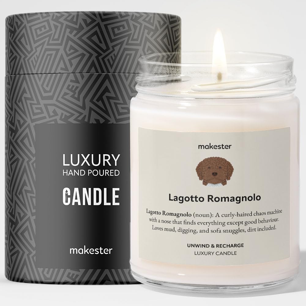 Lagotto Romagnolo Gifts - Luxury Soy Wax Candle - Vanilla, Jasmine, Sugared Almond - Makester, White