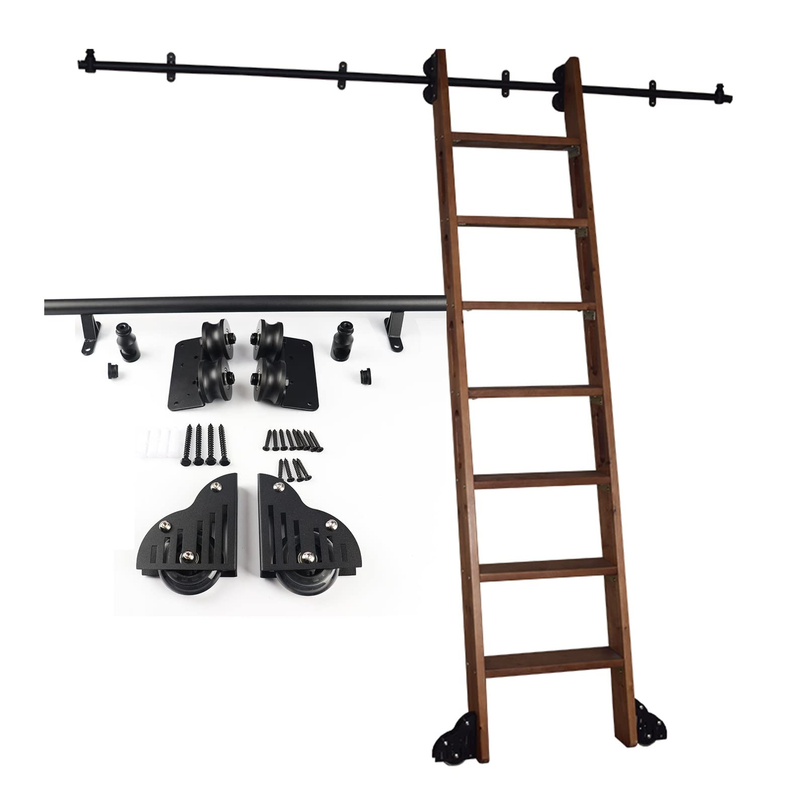 GHFXSCV Sliding Barn Door Hardware Kit | Library Rolling Ladder Track Hardware | Round Tube Carbon Steel Slide | Sliding Track Roller System Rail, with Wheels (No Ladder), 1m 2m 3m 4m 5m 6m