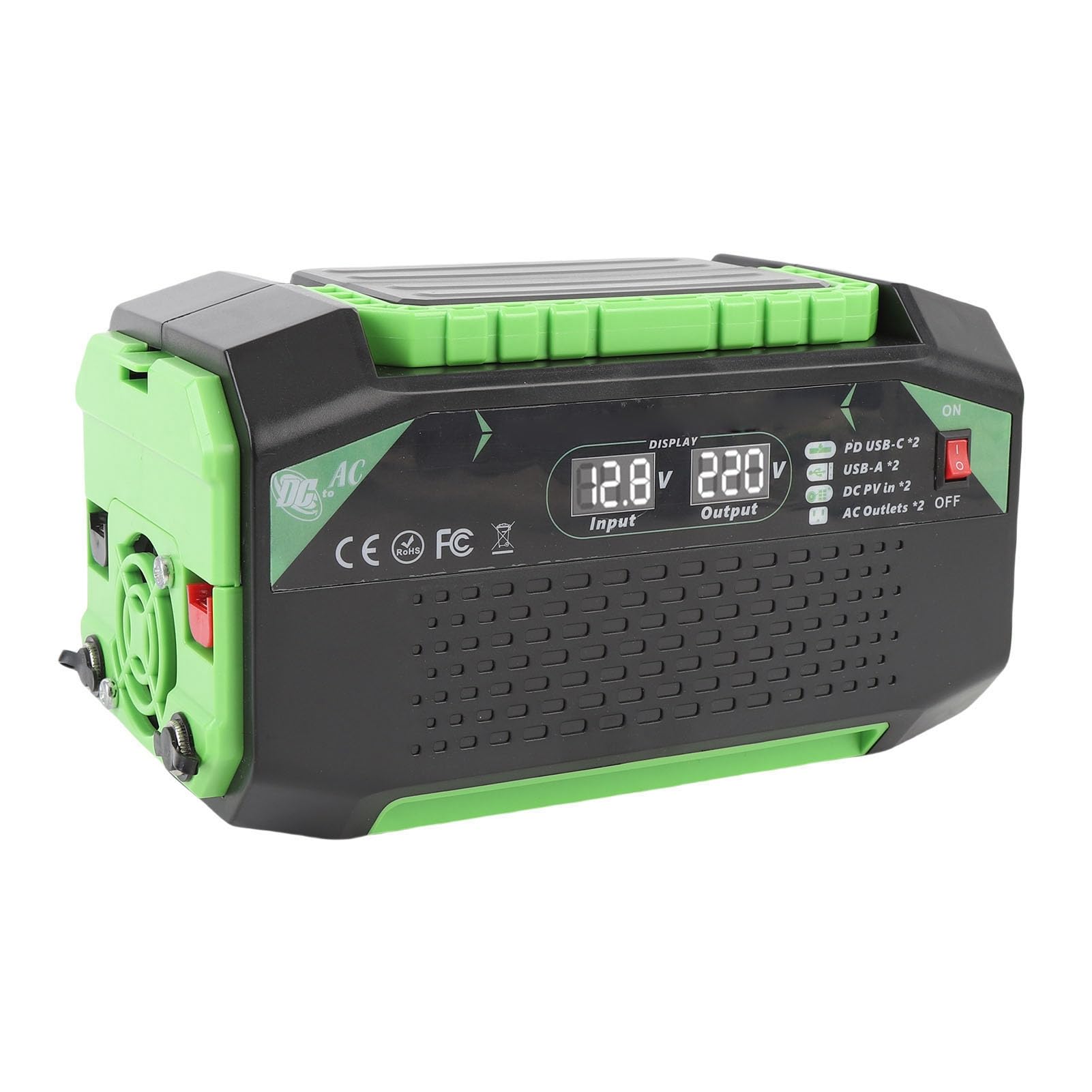 Samochodowy Falownik o Mocy 600 W ze Wskaźnikiem Napięcia i Wentylatorem Chłodzącym do Przygód W Podróży, 2 Porty Typu C i 2 Porty USB A