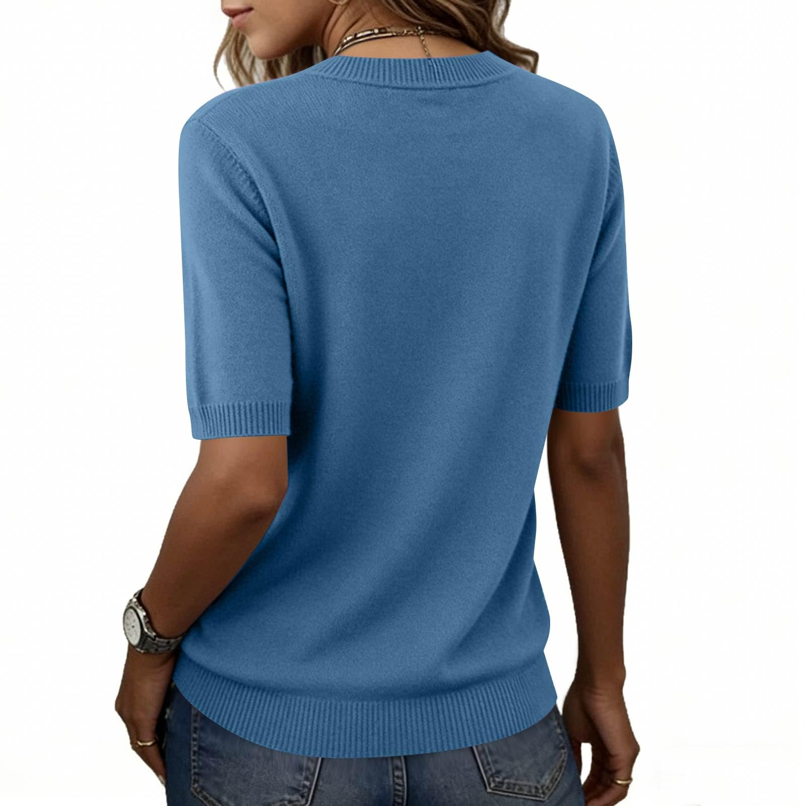 Elbow Sleeve Tops Women Loose Fit Cashmere Sweaters Crew Neck T Shirts Dressy Lightweight Half Sleeve Spring Blouses - 5