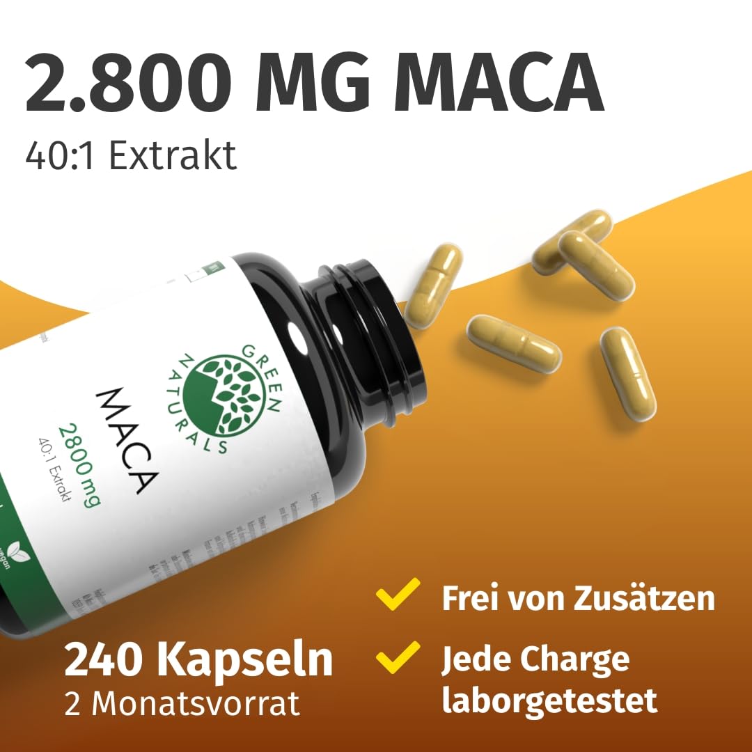 Green Naturals Maca 3-in-1-Komplex – Hochdosiert: 2.800 mg Extrakt | Schwarz-Rot-Gold · 40:1 pro Tagesdosis · Entspricht 112.000 mg Maca-Pulver · 240 Kapseln · 2-Monatsvorrat