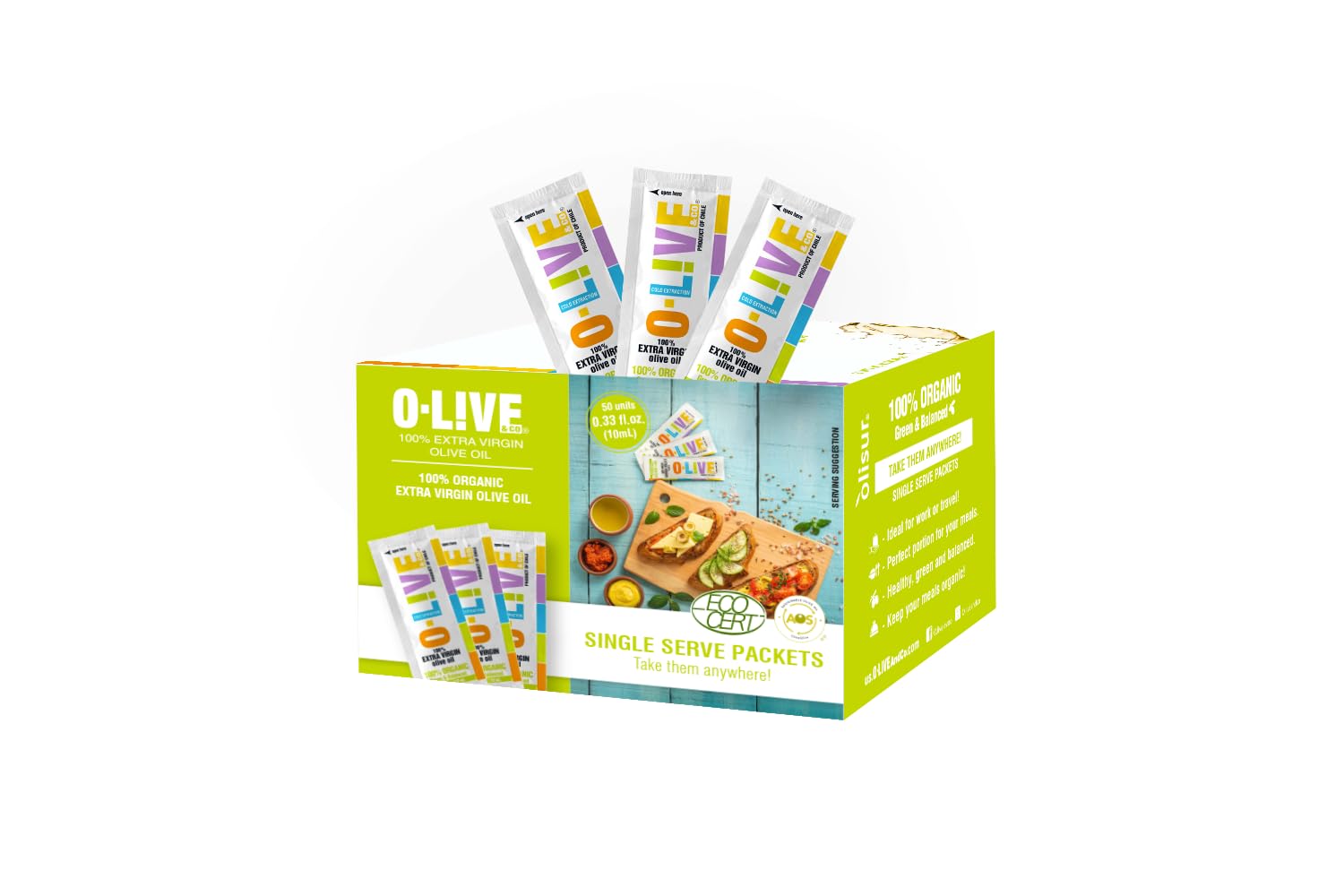 O-Live&Co. USDA Organic Premium Extra Virgin Olive Oil Packets- Pack of 50 Sticks - Single Serve Shot - Individual Travel Packets - Polyphenol Rich -