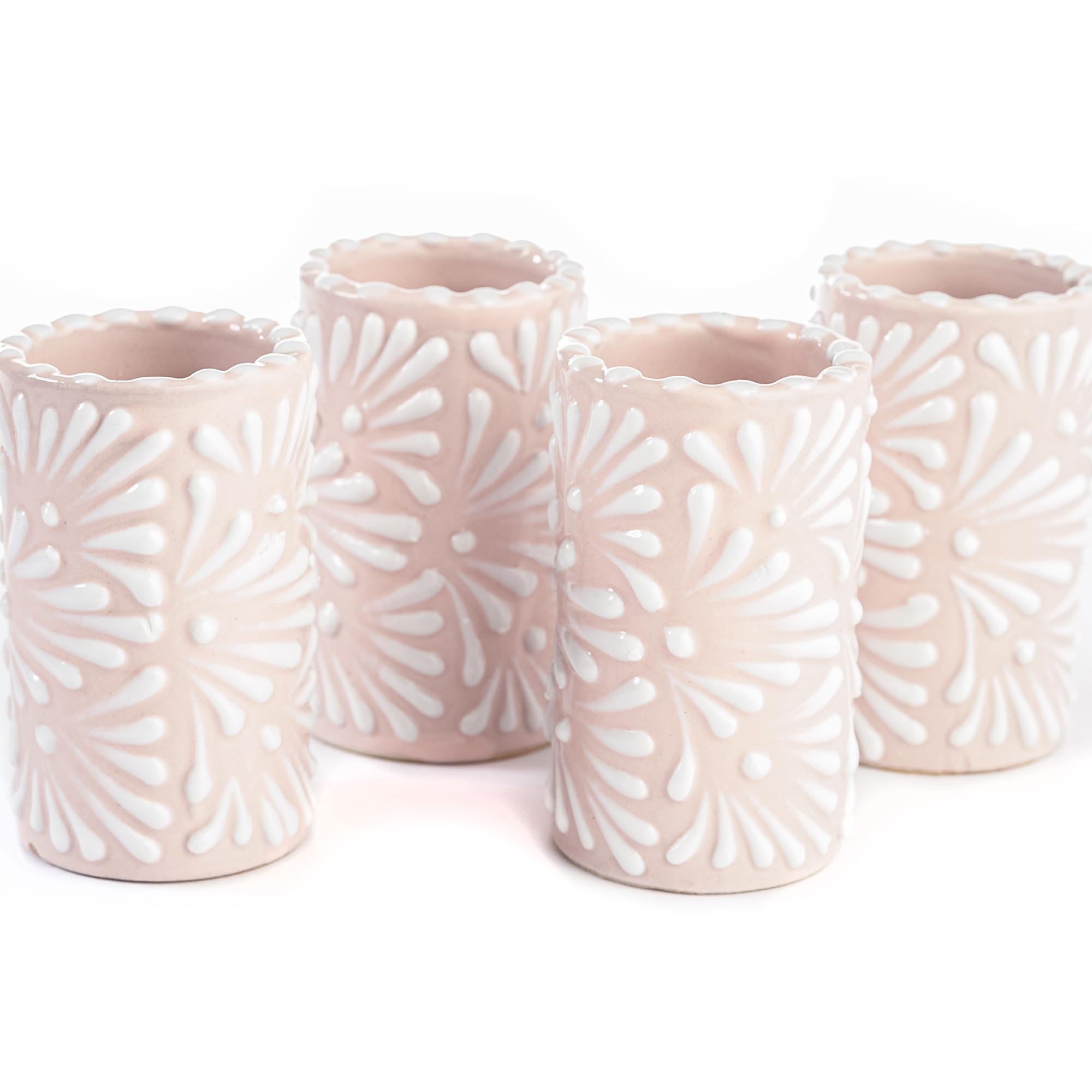 Talavera Shot Glasses Set of 4 Authentic Mexican Tequila Shot Glasses - Hand-painted - 2 Oz (White Brushstroke Pink Background)