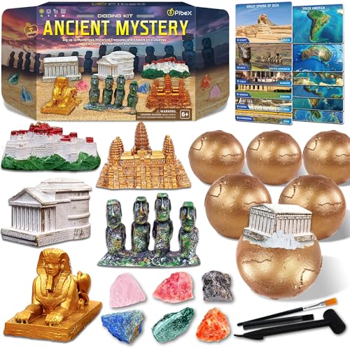 PIBEX Ancient Wonders Dig Kit, Dig up 6 Mystery Historical Landmarks & 6 Treasure Stones, Famous World History Architecture Toy Archaeology Set, STEM History Gift for Kids Age 6-8-12