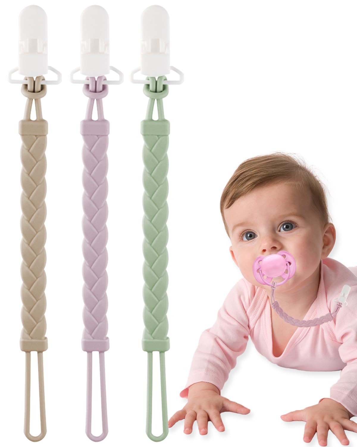 BebeCalin Dummy Clip Soother Chains, 3-Pack Baby Pacifier Clips One-Piece Design,BPA-Free Food-Dummy Clips for Boys and Girls