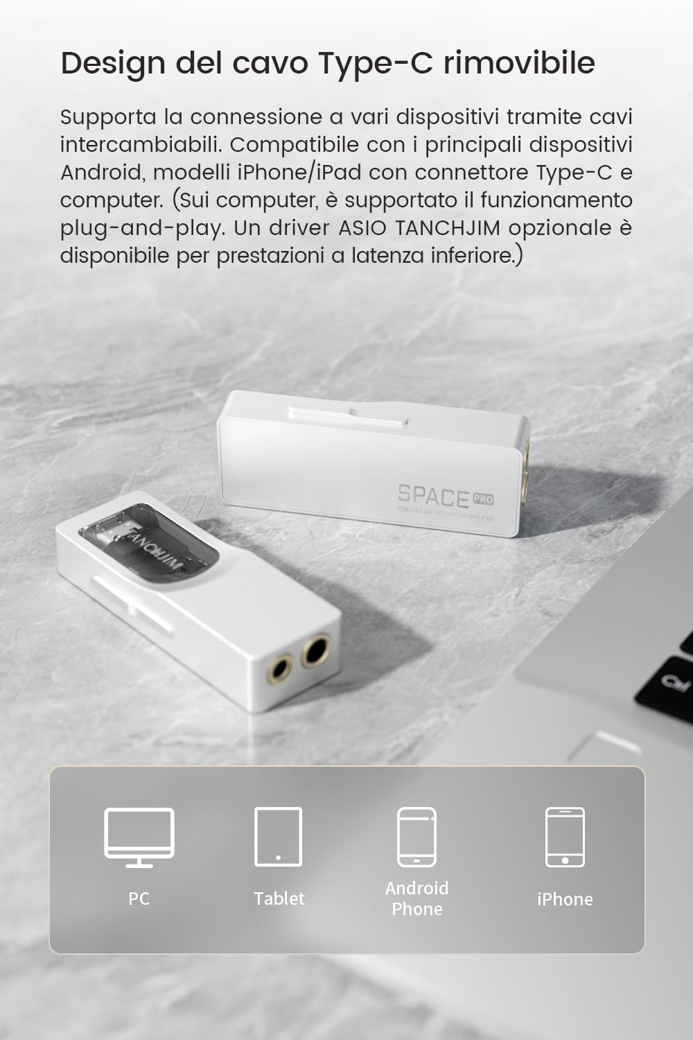 TANCHJIM SPACE PRO Amplificatore Cuffie, Doppio DAC CS43198, Amplificazione Indipendente, 618mW, Uscita 3.5/4.4mm, PCM768kHz DSD256, Gioco/Audio, Supporto Mic e Virtuale 5.1/7.1