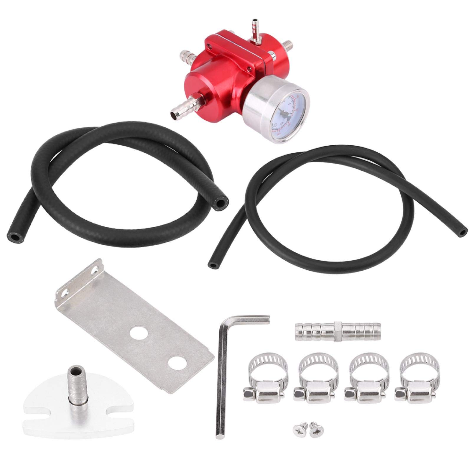 Regolatore di pressione, manometro universale in alluminio per regolatore di pressione del carburante e kit tubo flessibile 0-140 PSI regolabile(Rosso)