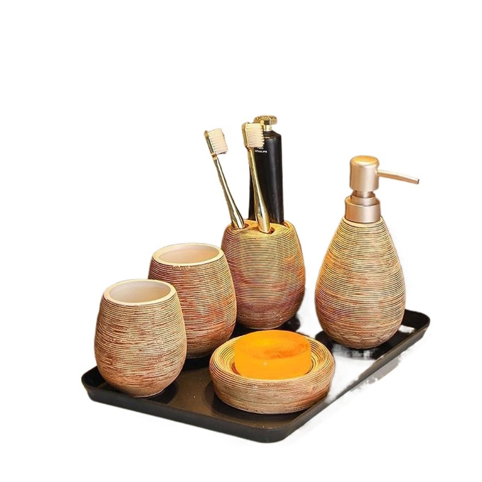 Bathroom Ceramic Set Shampoo Dispenser Bottle Soap Dish Toothbrush Holders Rinse Cup Accessories(Brown 5pcs)